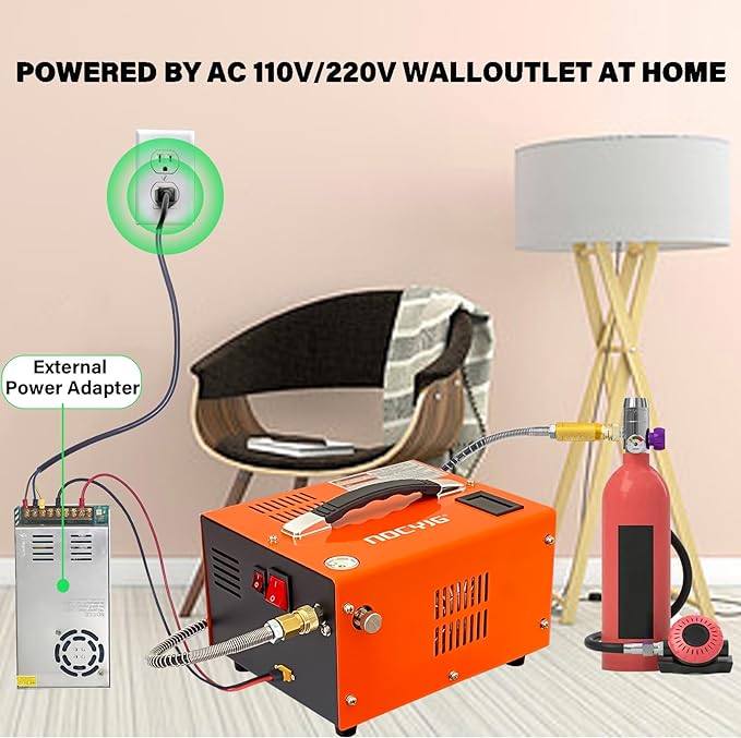 Pcp air compressor 4500PSI Portable PCP Compressor, 12V DC/110V AC PCP Airgun Compressor Manual-stop, w/External Power Adapter, Built-in Fan, Suitable for Paintball, Air Rifle, Scuba Bottle