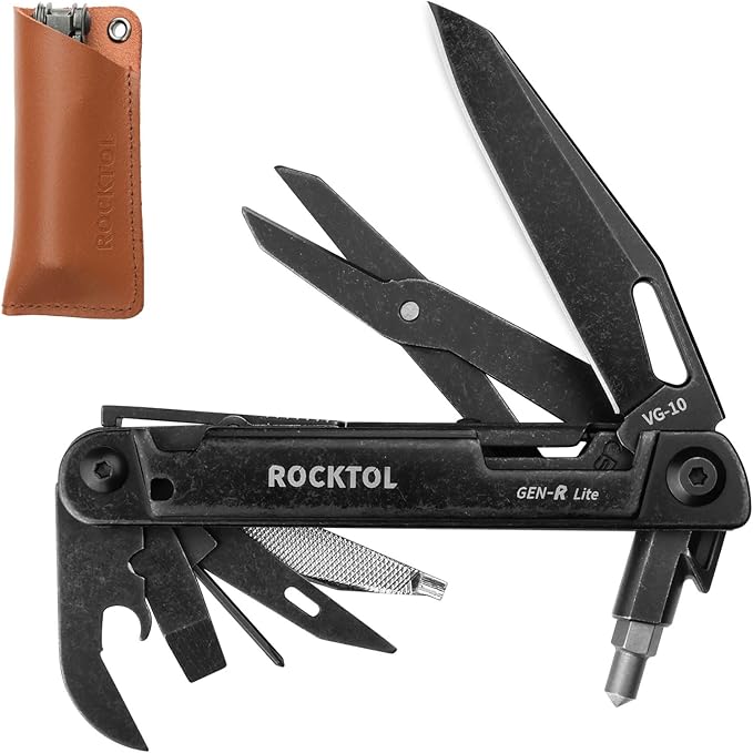 Multitool Gen-R Lite, Retro Black EDC Pocket Knife VG10 Blade, Compact 15-in-1 Multi-tool with Screwdriver, Large Scissors, Glass Breaker, Leather Sheath, Lightweight for Hiking, Camping
