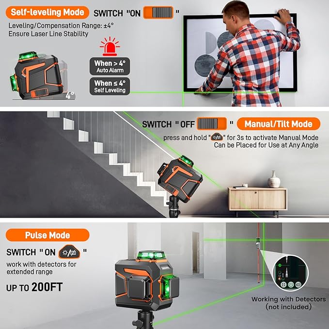 Laser Level 360 Self Leveling Green Line Laser Level Tool Wall Suction Stand Receiver 100ft Line Laser for Picture Hanging Outdoor Rechargeable Battery,3x360