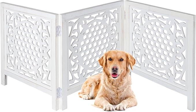 Bedding Craft Wooden Dog Gate 20" Wide x3 Panels,Color White, Total 60 inch Wide, Foldable Free Standing Dog Gate Indoor,Dcorative Gates Doorways, 3 Panels Pet Gate Extra 24" Height
