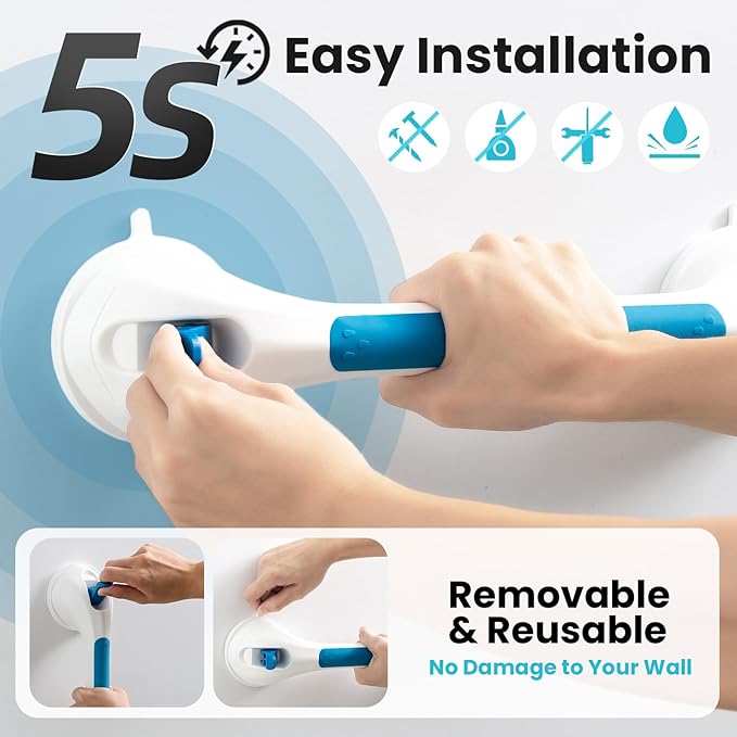 TAILI Shower Grab Bar Glow in The Dark, 2 Pack 16.8 in Grab Bars for Bathtubs and Showers,Shower Handles Shower Rails for Seniors and Elderly,Bathroom Safety Grip Removable No Drilling Waterproof Blue