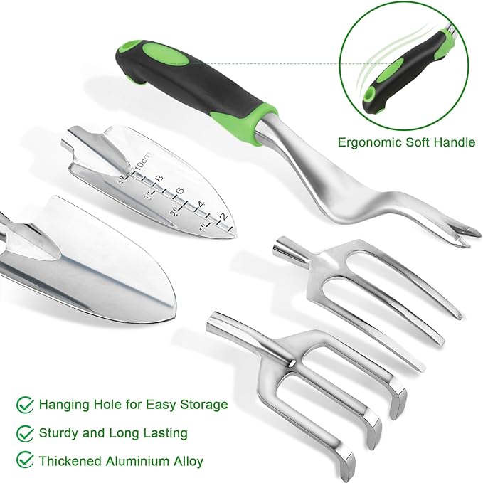 Garden Tools Set, 8 Piece Gardening Tools Set with Non Slip Ergonomic Handle, Heavy Duty Garden Tool Set with Storage Bag, Gardening Kit for Women, Garden Hand Tools Gift, Green