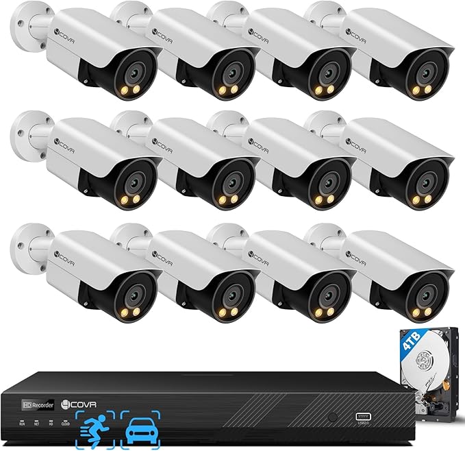 4COVR 16 Channel PoE Security Camera System, 2-Way Talk & Dual Lights Smart Full Color Night Vision, Human/Vehicle Detection, NVR & 4TB HDD, 12X 5MP Wired Business Bullet IP Camera IP67, LY37YX5M1612