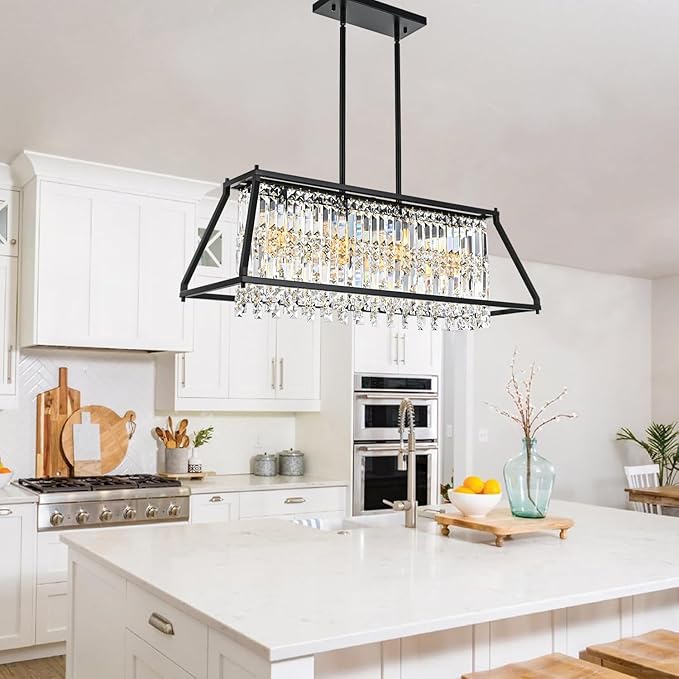 Crystal Chandelier Light for Dining Room, 4-Light Trapezoidal Industrial K9 Crystal Pendant Lights with Black Metal Frame Pendant Lamp for Kitchen Island Living Room Entryway (Black)