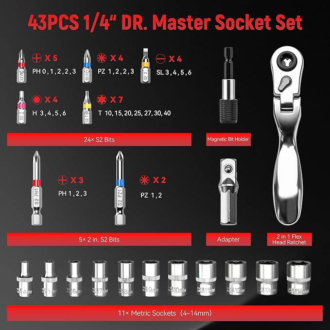 1/4" Socket Set, 43pcs Mini Ratchet Set, Metric Socket Wrench Set with S2 Bits, Small Ratchet, Compact Mechanic Tool Set for Car, Home & DIY Repairs(43pcs)