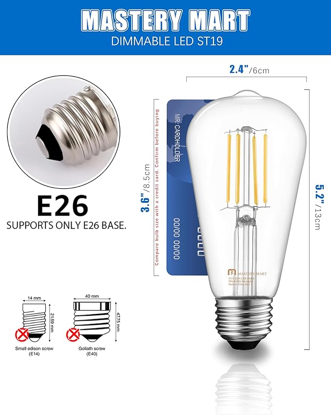Mastery Mart 90 Pack Vintage LED Light Bulb 5000K Daylight White, Dimmable, 5.5W (60 Watt Equivalent), ST21/ ST64 Clear Glass Antique Edison Style, 500LM E26 Decorative Filament Bulb
