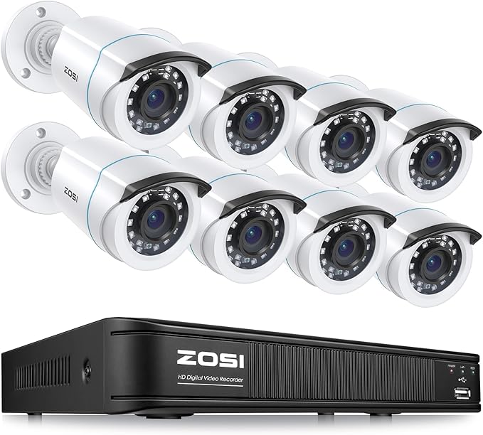ZOSI 1080P HD Home Surveillance Camera System with AI Human Vehicle Detection, 5MP 8 Channel CCTV DVR Recorder (No HDD), 8 x 2.0MP 1920TVL Outdoor/Indoor Surveillance Bullet Cameras, Remote Access