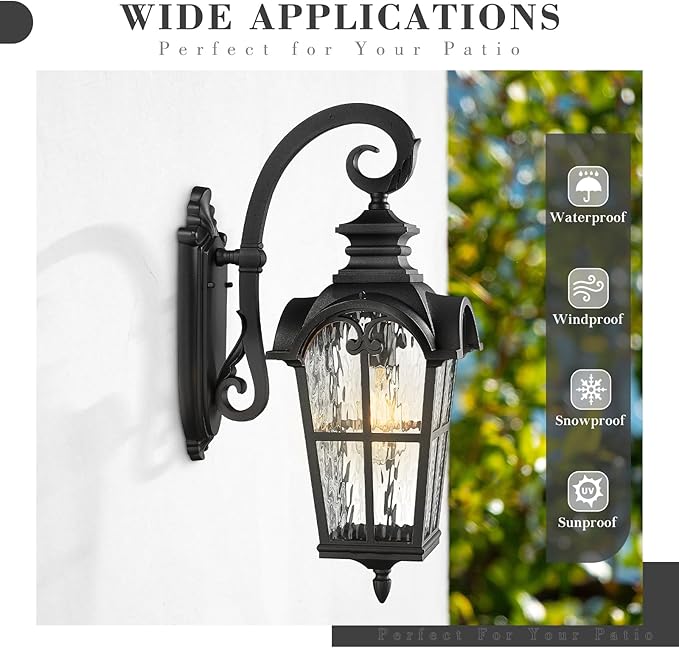 Emliviar Porch Outdoor Wall Lantern, Vintage Wall Mount Light Fixture with Water Ripple Glass, Matte Black Carriage Light for Yard, Barn, Patio, WE215BM-SW BK