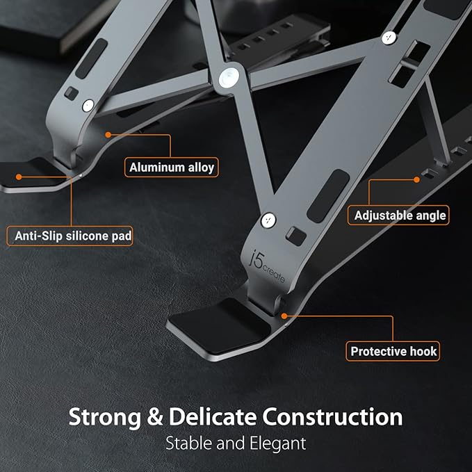 j5create Portable Aluminum Laptop Stand with USB 4-Port Hub, Foldable and Adjustable Notebook Riser with 4 USB-A Ports for MacBook, Laptop, and Tablet up to 16" (JTS223)