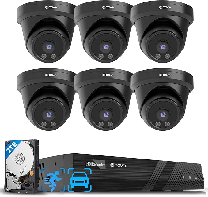 4COVR 4K Home Security Camera System, AI Human Vehicle Detection, 6Pcs 8MP Wired Commercial Dome PoE IP Camera IP67 Night Vision, 8CH 4K H.265 NVR 2TB HDD, 24/7 Surveillance Outdoor, LY97AB8M0806