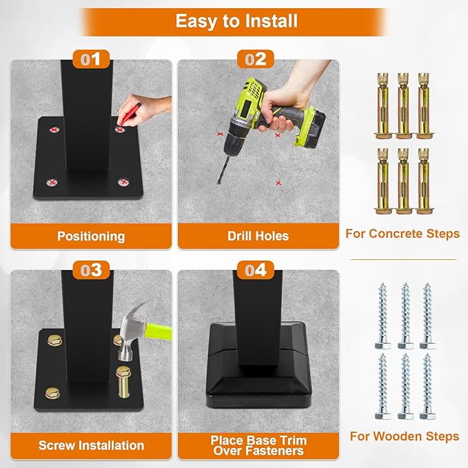 Adjustable Handrail 1-3 Step, Wall&Floor Mounted Wrought Iron Handrails, Handrails for Outdoor Steps, Stair Rail with Installation Kit Hand Rail, Black