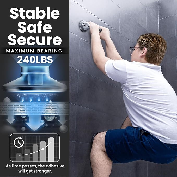 LEVERLOC Shower Grab Bars 2 Pack, Suction Grab Bar Easy to Install Shower Handle for Bathroom Removable Handrails for Seniors Elderly Heavy Duty Safety Grip Waterproof Drill Free, Silver