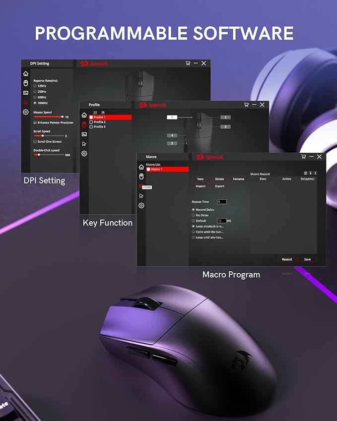 Redragon Wireless Gaming Mouse, 54G Lightweight, Tri-Mode 2.4G/USB C Wired/Bluetooth, Black PC Gaming Mice for Computer Laptop Mac Windows, Max 128000 DPI, 1K Polling, 6 Programmable Buttons, M821