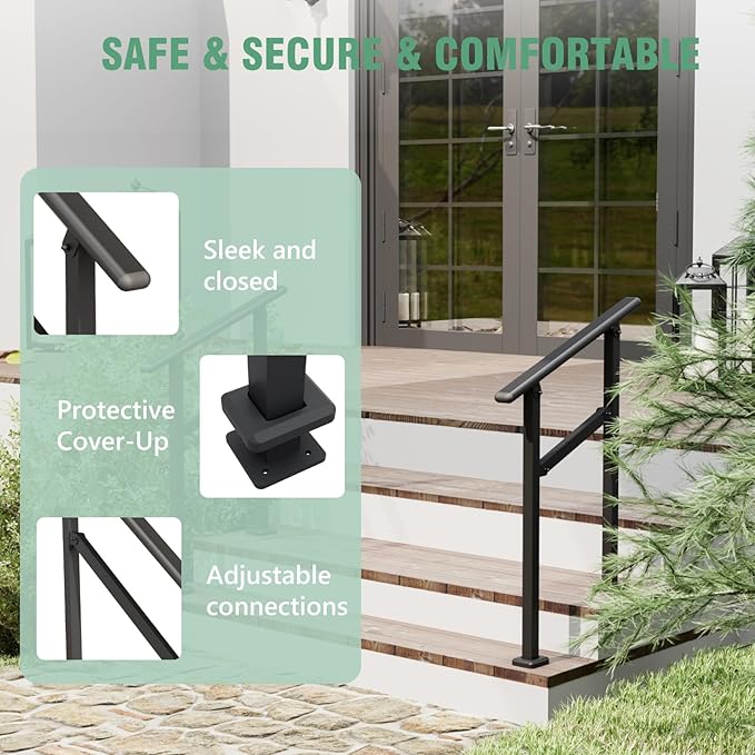 2 Pack Hand Rails for Outdoor Steps,1-2 Step Railing for Stairs,Adjustable Porch Railing,Hand Rails for Seniors,Outdoor Deck Handrails for Exterior Steps,Black