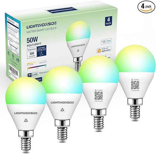 Matter E12 Smart Light Bulbs 50W Equivalent, Compatible with Alexa/Siri/Apple Home/Google Home/SmartThings, RGBCW G16.5 LED Candelabra Bulbs, 2.4G WiFi, ETL Listed, Hub Required, 4PCS