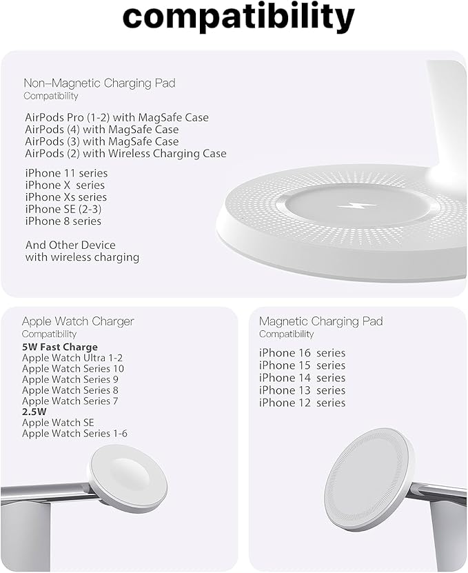 3 in 1 Wireless Charging Station for Apple Device: Fast Charging Station for iPhone and Watch with MagSafe, Stable Charger Stand for iPhone 12-16 & iWatch & AirPods