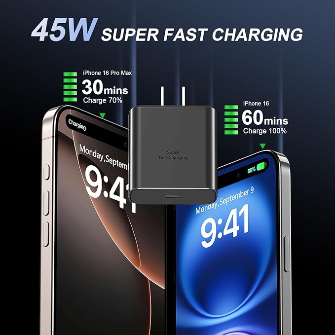 Phone 16 Pro Max Charger Fast Charging, 45W USB C Phone 16 Super Fast Charger Block with 6.6FT Long Type C Charging Cable Cord for Phone 16/16 Pro/16 Pro Max/16 Plus, 15/15 ProMax/Pro/Plus-2pack black
