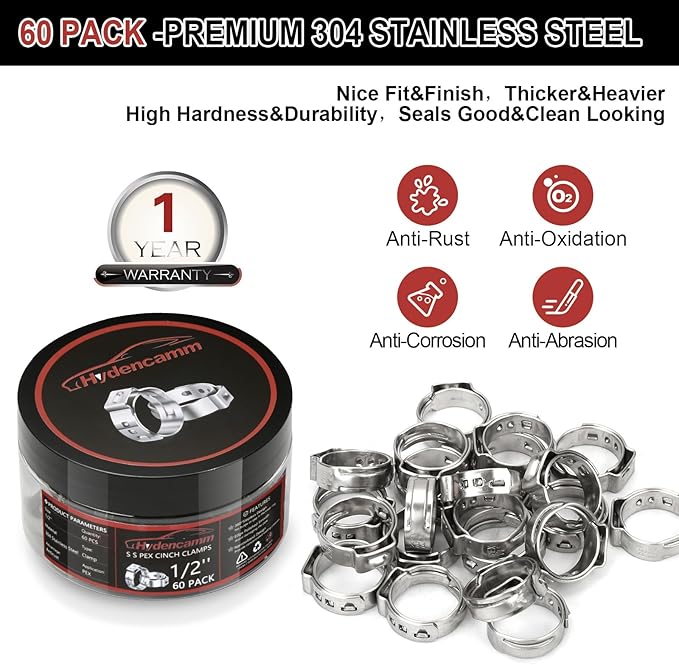 60 Pack 1/2 Inch PEX Cinch Clamps, Premium 304 Stainless Steel Cinch Crimp Rings, Cinch Clamps Rings with Storage Case for PEX Tubing Pipe Fitting Connections By Hydencamm(1/2"x60)