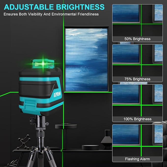 Kiprim Green Laser Level LV8D with Enhanced Visibility,5 Laser Lines,Adjustable Brightness,Manual/Self Leveling/Pulse Mode,Batteries and Carrying Pouch Included