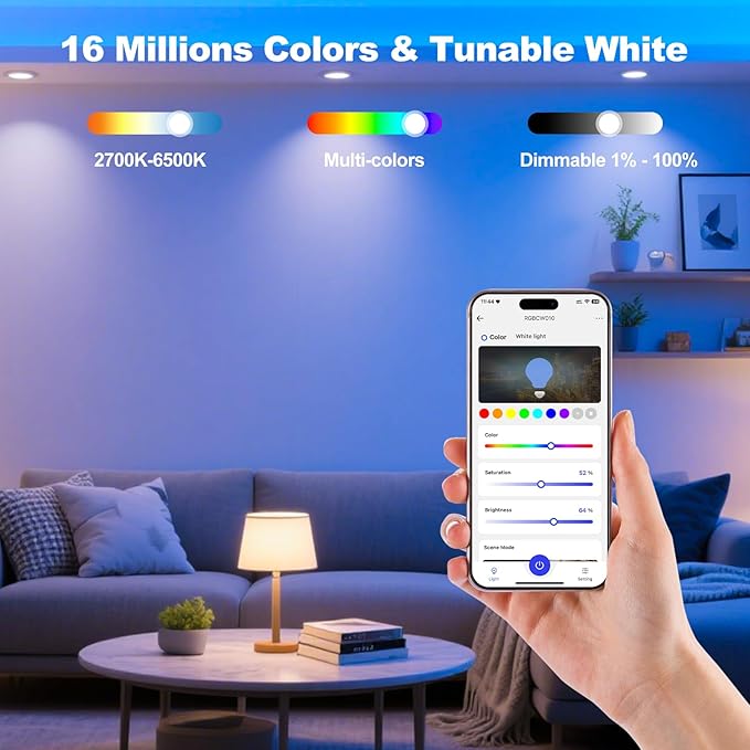 Smart Light Bulbs, WiFi & Bluetooth Light Bulb, Work With Alexa and Google Home, A19 E26 RGBCW LED Color Changing Light Bulb, 16 Million Colors, Dimmable 2700K-6500K, 9W(60W), 800 Lumens 4 Pack