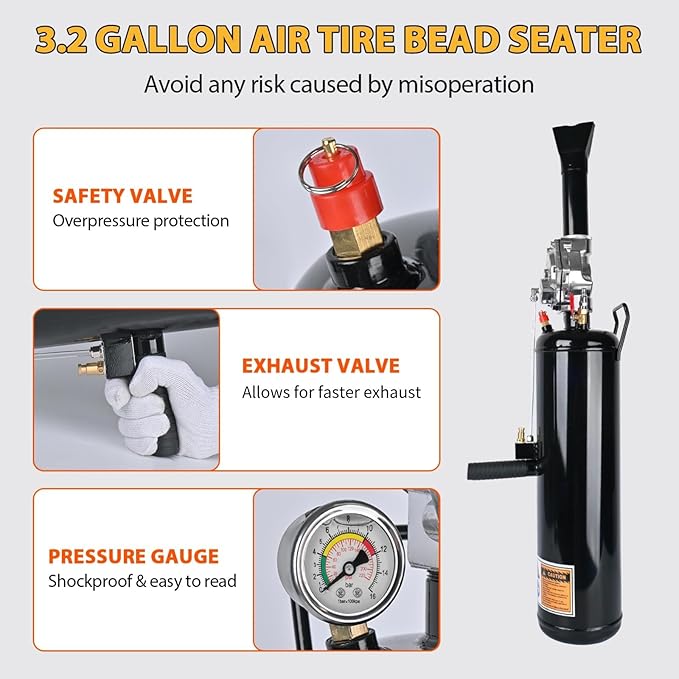 3.2Gal/12L Tire Bead Seater, 145 PSI Portable Bead Blaster Tire Inflator, Handheld Trigger Seating Inflator for Tractor, Truck, ATV, Car & Auto Repair, Black