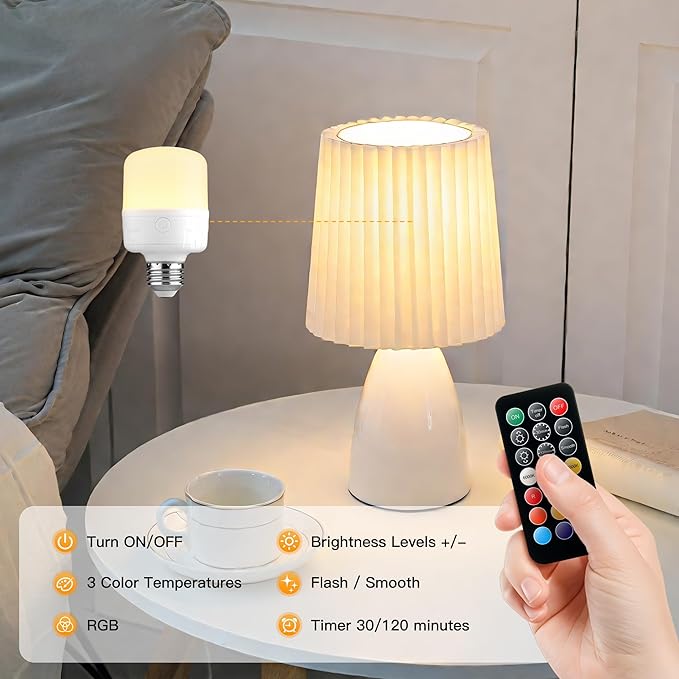 Rechargeable Light Bulbs with Remote, Timer, 3 Color Temperatures & RGB, E26 Battery Operated for Lamps Detachable Wireless Emergency Light Bulbs, Non-Hardwired, 2 Packs