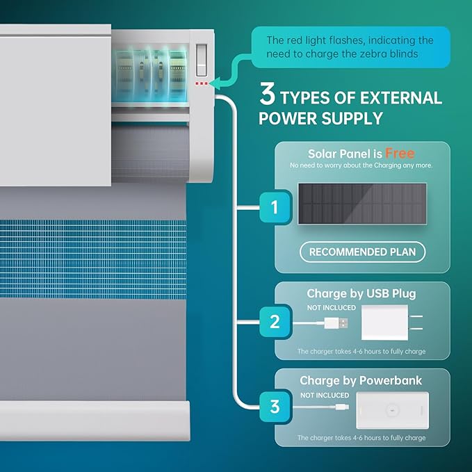 DENFOON Motorized Zebra Blinds, Solar Powered Dual Layer Automatic Shades with Remote Control, Rechargeable Smart Blinds Horizontal Wireless Electric Shades for Windows, Custom Size, Gray， 48 x 72