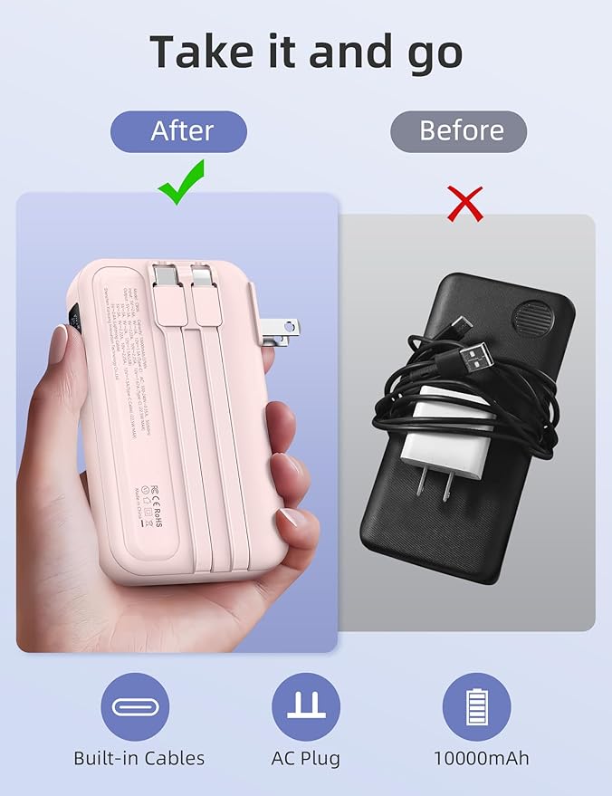 RORRY Portable Charger Built in Cables, AC Wall Plug in Portable Charger Power Bank 10000mAh Travel Battery Pack 22.5W Fast Charging for iPhone 16/15/14 Samsung Galaxy S24/S23/S22 Pixel LG iPad, Pink