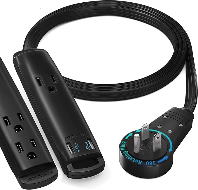 Extension Cord with USB Ports 1FT, USB Extension Cord and 360° Rotating Flat Plug Extension Cord, 3-Outlet with USB Ports (2 Ports), 3 Prong Extension Cord, Grounded Extension Cord (Black)
