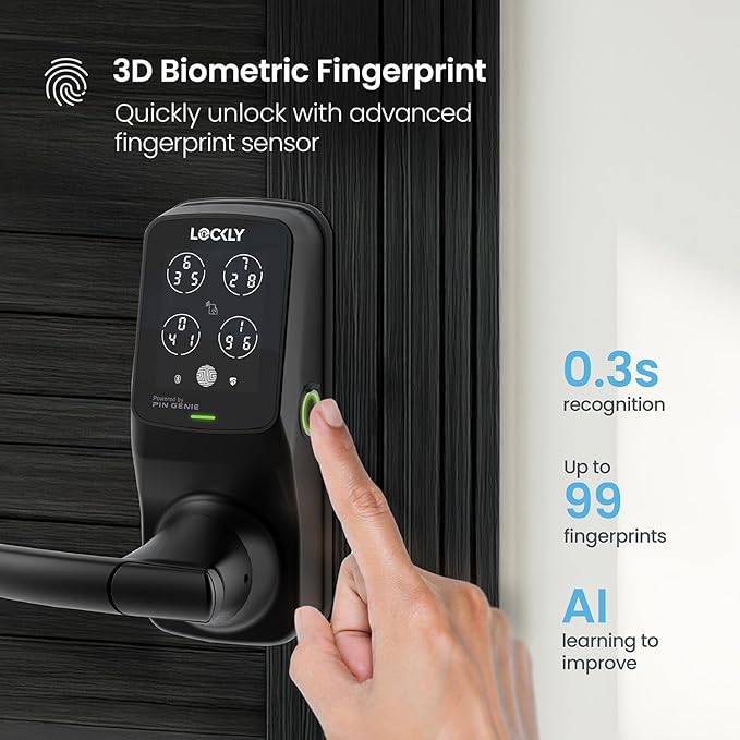 Lockly Secure Plus Bluetooth Smart Door Lock, Keyless Entry with PIN Genie® Digital Keypad, 3D Biometric Fingerprint Sensor Front Door Lock with Handle, Voice Control & Auto Lock - Latch Edition