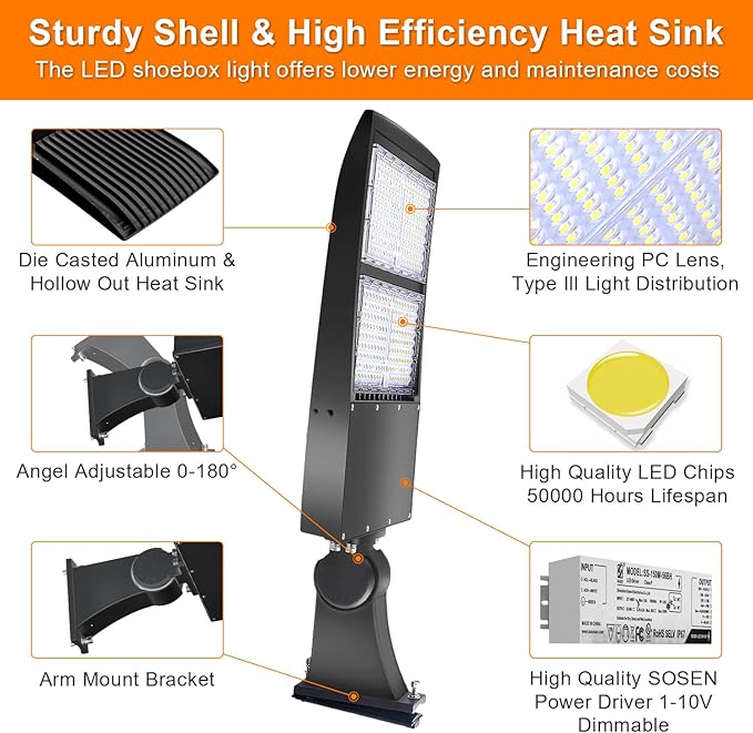480V 300W LED Parking Lot Lights, 42000LM LED Shoebox Street Light Flood Light (1000W MH/HPS Equiv.), 5000K Dimmable Commercial Area Lighting with 20KV Surge Protection, IP65 277-480V UL&DLC Listed