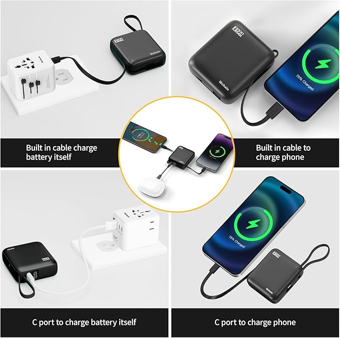 Hichain Small Portable Charger with Built in Cables LED Display, Mini Power Bank 10000mAh 22.5W USB-C Fast Charging Battery Pack, Travel Essential Power Bank for iPhone, iPad, Samsung, Android (Black)