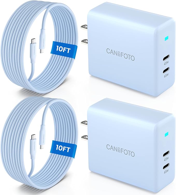 2Port 45W Super Fast Charger Type C, 2Pack 45W USB-C Charger Fast Charging for Samsung Galaxy S24 Ultra/S24+/S24/S23 Ultra/S23+/S22/S20/Note10+ with 2X 10ft Type C Cord (Blue)