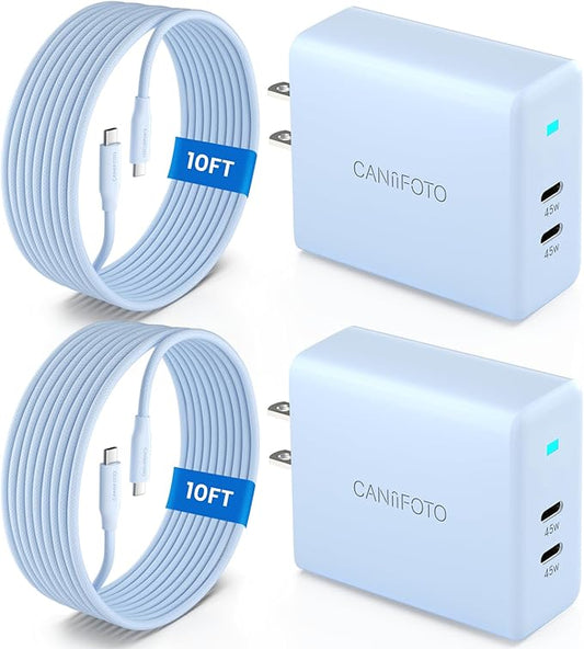 2Port 45W Super Fast Charger Type C, 2Pack 45W USB-C Charger Fast Charging for Samsung Galaxy S24 Ultra/S24+/S24/S23 Ultra/S23+/S22/S20/Note10+ with 2X 10ft Type C Cord (Blue)