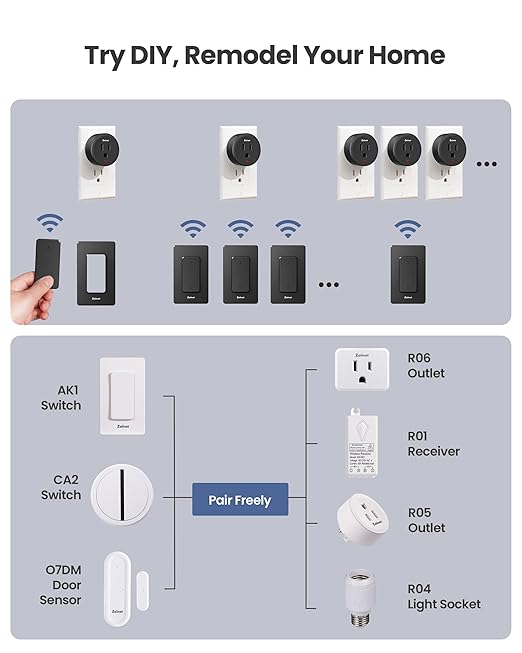 Remote Control Outlet Plug with 2 Switches, Buckle Design & Removable Wireless Light Switch, 300 ft, 1500W On Off Power Switch for Household Appliances, No Wiring No WiFi, Programmable, Black