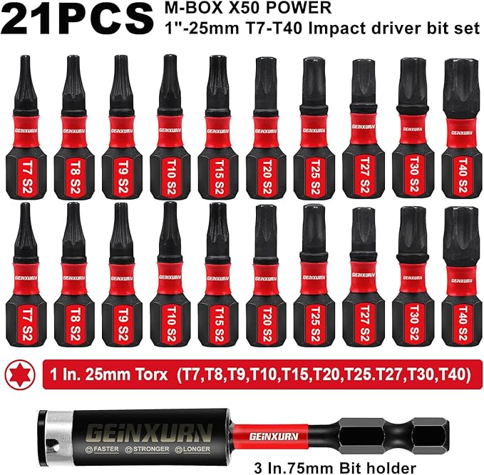 20 Pieces 1 In. (T7-T40) Impact Screwdriver Bit Set,Magnetic Multi-Torx Head Insert Bits, S2 Alloy Steel Star Bits with 1 Pc Impact Bit Holder and Storage M-Box