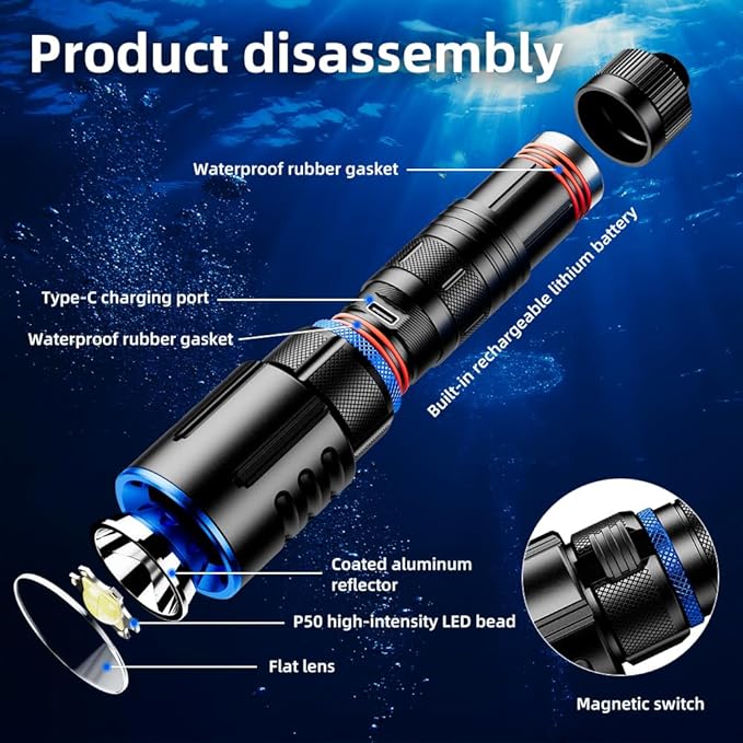1000 Lumens Dive Light, Waterproof IPX8 100M, Rechargeable LED Flashlight with 11° Beam Angle, Underwater Scuba & Snorkeling Torch for Diving, Caving, and Emergency Use