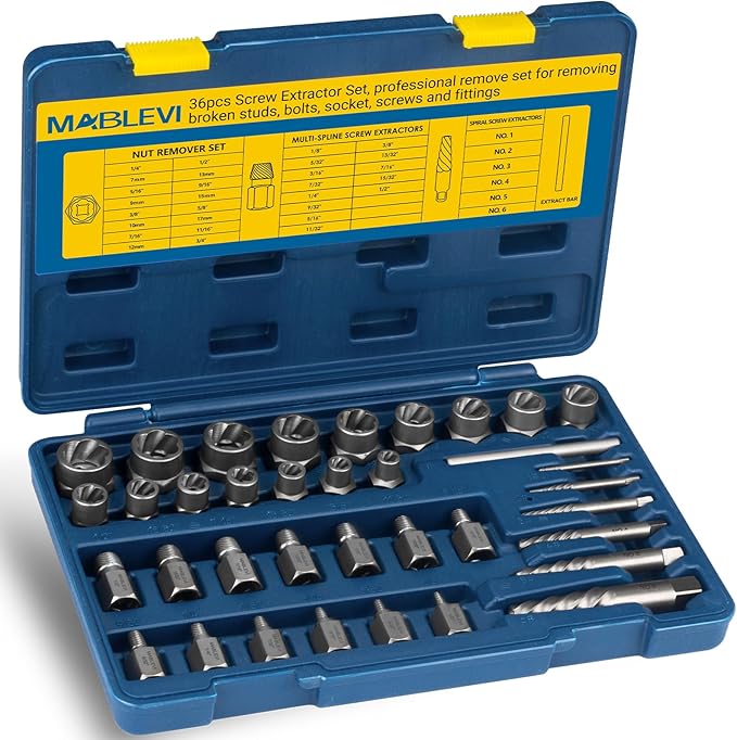 MABLEVI 36 Pcs Upgrade Screw Extractor Set, 3/8” Drive Multi-Spline Easy Out Bolt Extractor Set, Stripped Screw Removal Tool Kit for Removing Nuts Bolts with Solid Storage Case