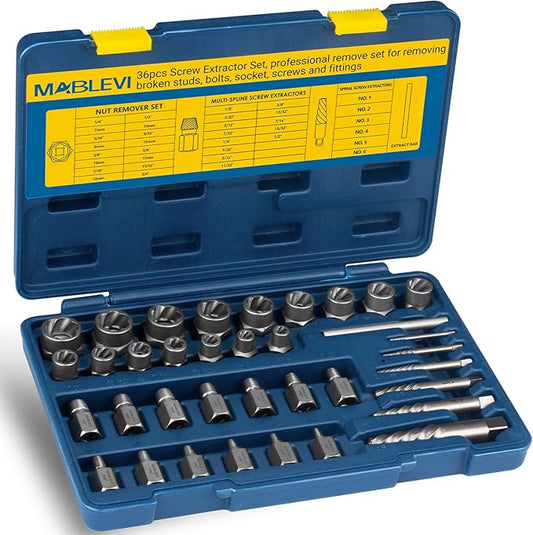 MABLEVI 36 Pcs Upgrade Screw Extractor Set, 3/8” Drive Multi-Spline Easy Out Bolt Extractor Set, Stripped Screw Removal Tool Kit for Removing Nuts Bolts with Solid Storage Case