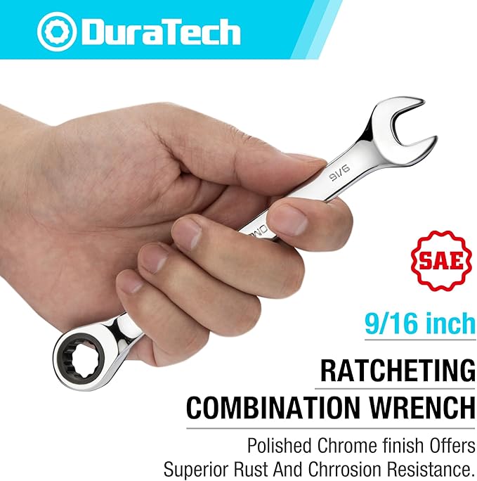 DURATECH 9/16" Ratcheting Combination Wrench, SAE, 72-Tooth, 12-Point, CR-V Constructed with Mirror Polish