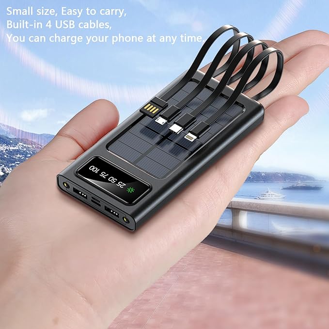 Power-Bank-Solar-Charger - 20000mAh Portable Charger,Solar Power Bank,Camping External Backup Battery Pack,Fast Solar Panel Charger with Dual Flashlight and 4 USB Cables (Black)