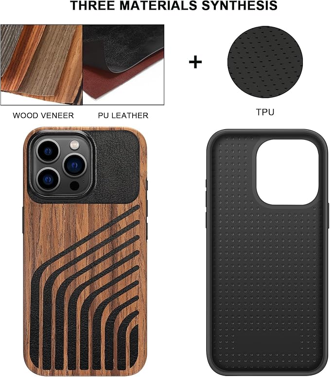 TENDLIN Compatible with iPhone 15 Pro Max Case Wood Grain with Carbon Fiber Texture Design Leather Hybrid Slim Case (Hairline)