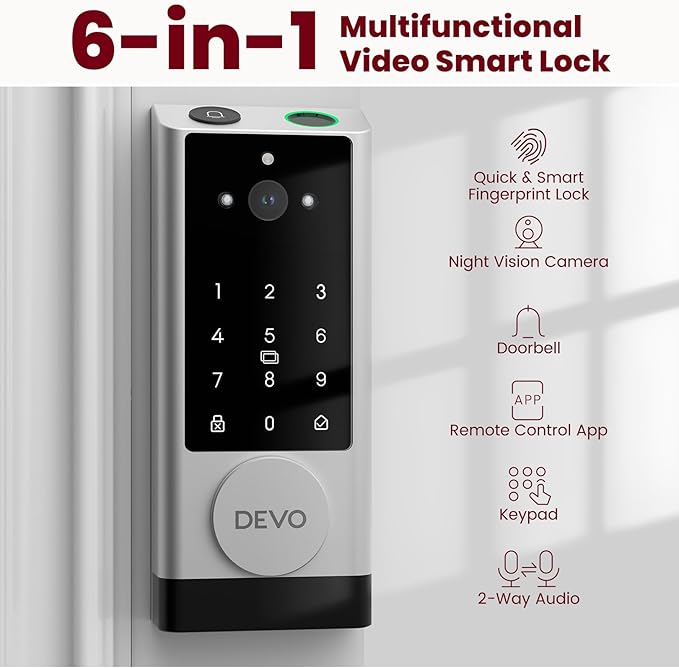 DEVO G1 Smart Lock with Handle Set, 6-in-1 Keyless Entry Door Lock, Video Smart Deadbolt with Fingerprint, Built-in Wi-Fi, App Remote, Auto Lock, IP65 Waterproof Front Door Lock, Easy Install