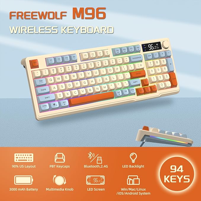 ZIYOU LANG M96 Wireless Gaming Silent Membrane Keyboard,Display Screen & Knob with Multimedia Keys Dual Mode Bluetooth/2.4Ghz,Rainbow Backlight 94Keys Ball Shape PBT Keycap ANSI Layout for Win/Mac