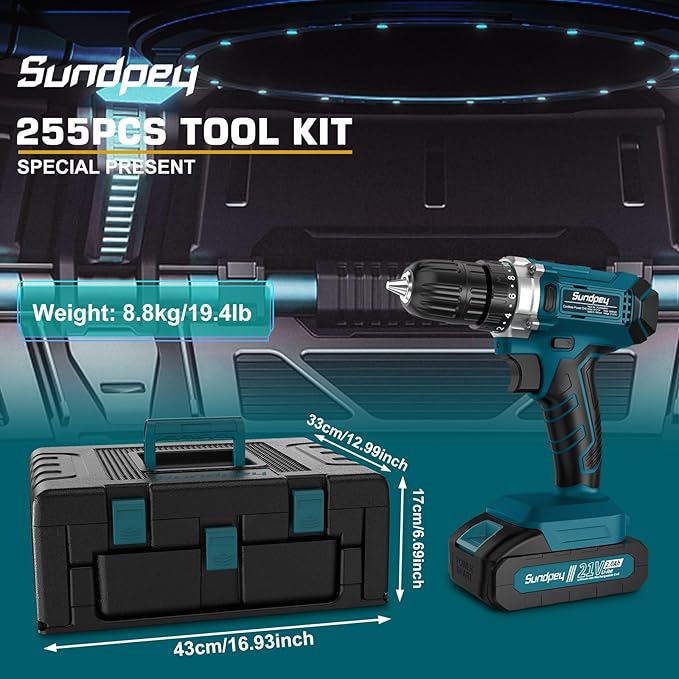 Tool Kit with 21V Cordless Drill - Sundpey 255-PCs Portable Complete General Basic Home and Auto Repair Tool Set with Drawer for Handyman & Diyer & Homeowner - Power Drill with 2 x 2.0Ah Batteries