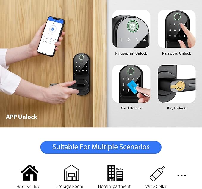 CATCHFACE Fingerprint Door Lock TTLock Smart Lock Biometric Door Lock with Fingerprint,Free App,Share Ekey and IC Card Keyless Entry with Reversible Handle - Matte Black