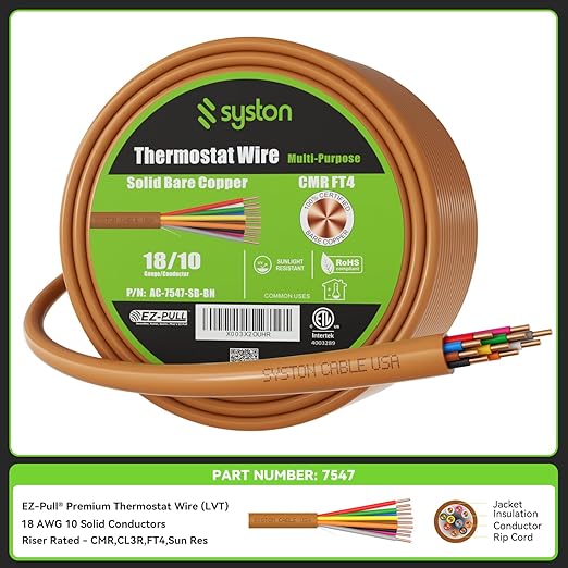 Syston 18/10 Thermostat Doorbell HVAC Heating Control Cable Wire, 100% Solid Copper Conductors CL3R/FT4/CMR Riser-Rated UL/ETL Listed, UV Resistant RoHS for Indoor/Outdoor Low Voltage Applications Use