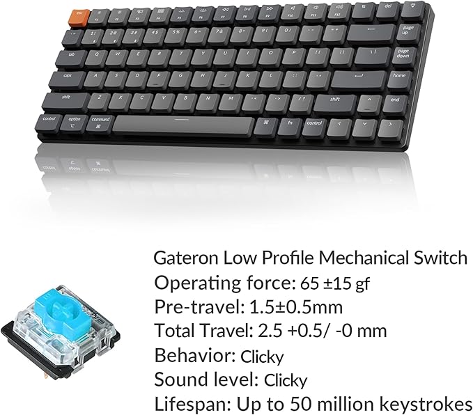 Keychron K3 Version 2, 84 Keys Ultra-Slim Wireless Bluetooth/USB Wired Mechanical Keyboard with White LED Backlit, Low-Profile Gateron Mechanical Blue Switch Compatible with Mac Windows