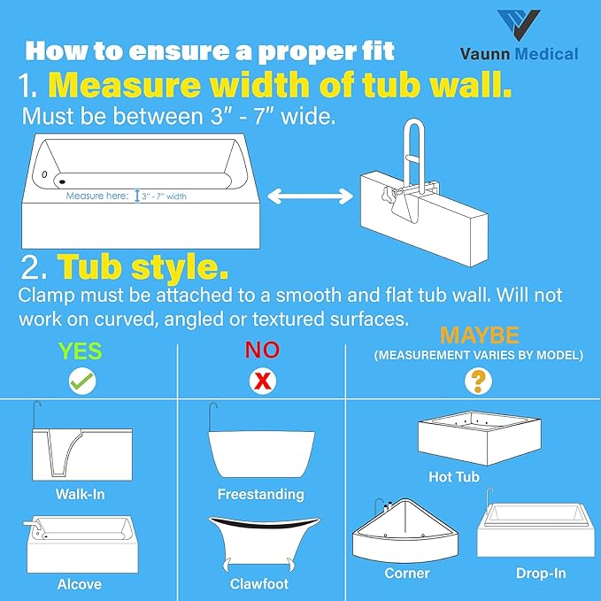 Vaunn Medical Adjustable Bathtub Safety Rail Shower Grab Bar Handle, Stainless Steel, White