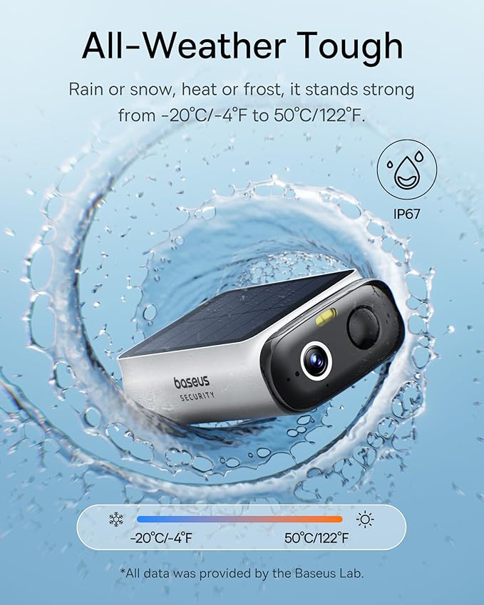 Baseus Solar Security Cameras Wireless Outdoor S1 Lite, 2K QHD Solocam, Continuous Power, Color Night Vision, AI Human Detection, IP67, No Monthly Fee, Local Storage, Works with Alexa & Google Home